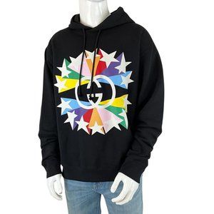 Gucci Men’s Sweatshirt Hoodie Interlocking GG & Star Burst Print Black Sz S